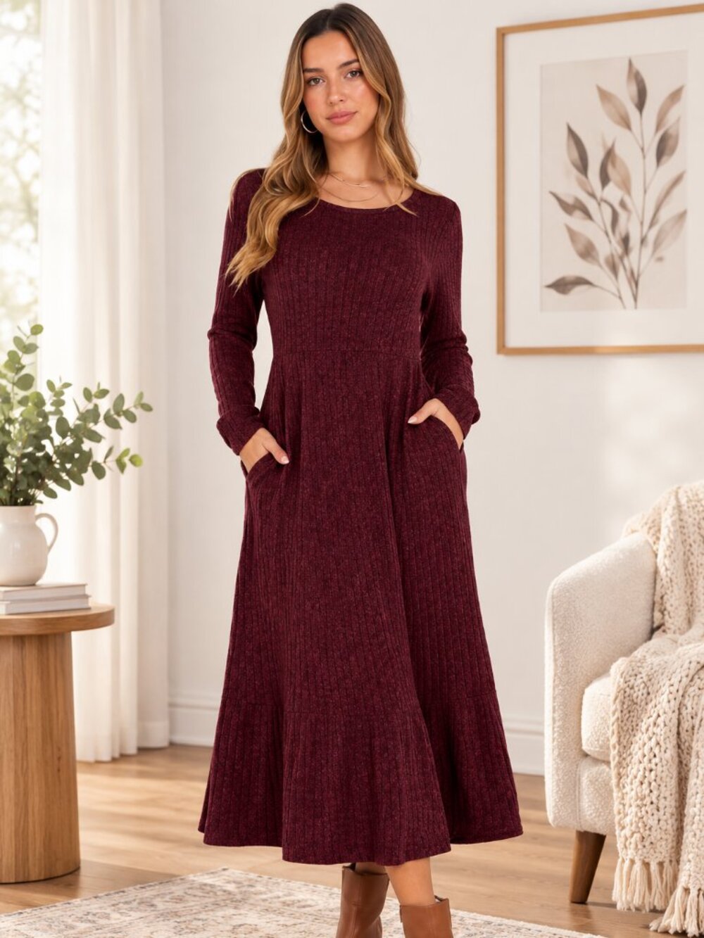 ANRABESS Womens Fall Long Sleeve Midi Dress